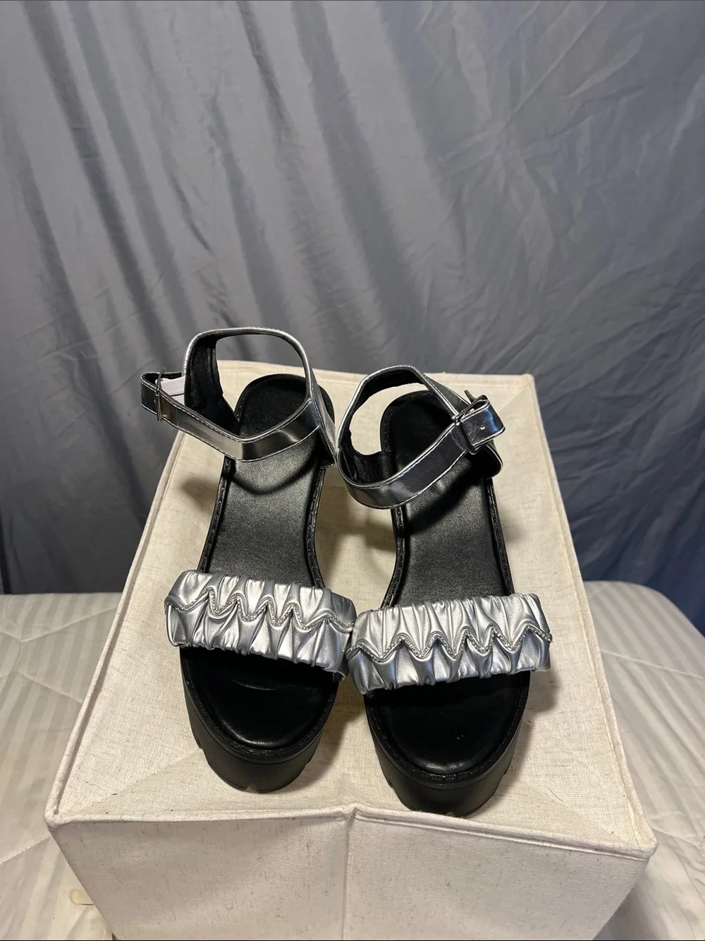 SHEIN Silver Ruched Platform Block Heel Sandals